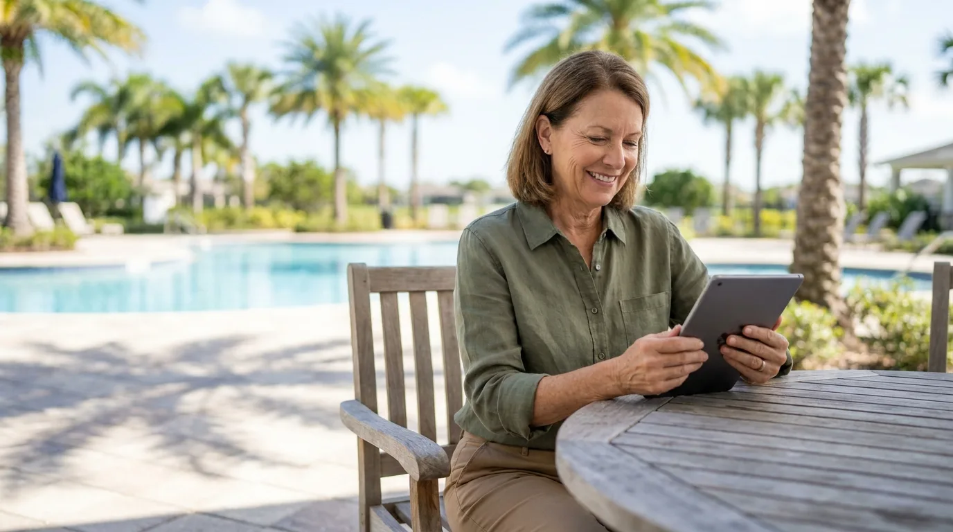 A smiling woman reading a tablet at a wooden table on a palm-lined community pool deck.
