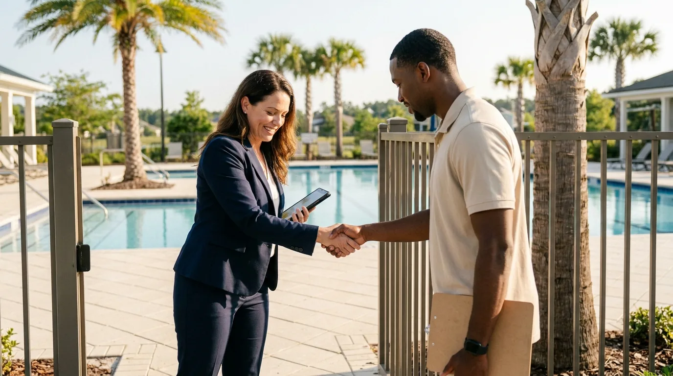 A community manager with a tablet shaking hands with a service-company owner at a pool gate.